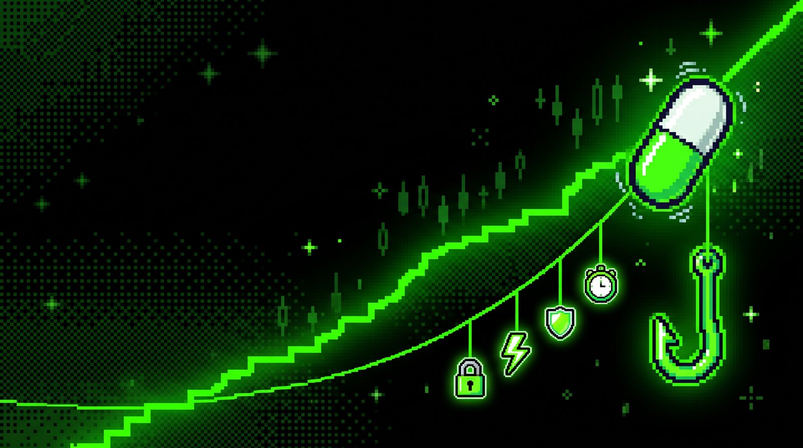 Pixel art neon chart line with the PUMPLINE pill bobber and hook