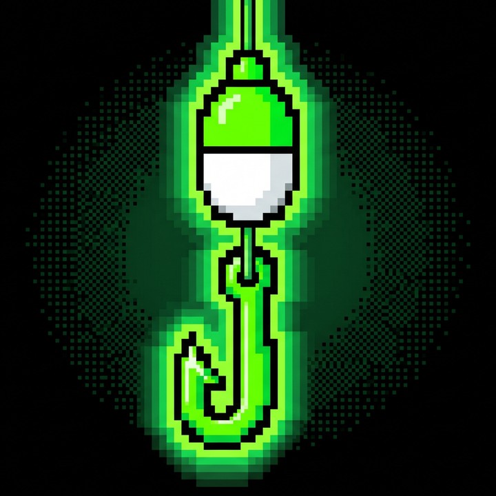 Pixel art neon green fishing hook with a pump pill bobber